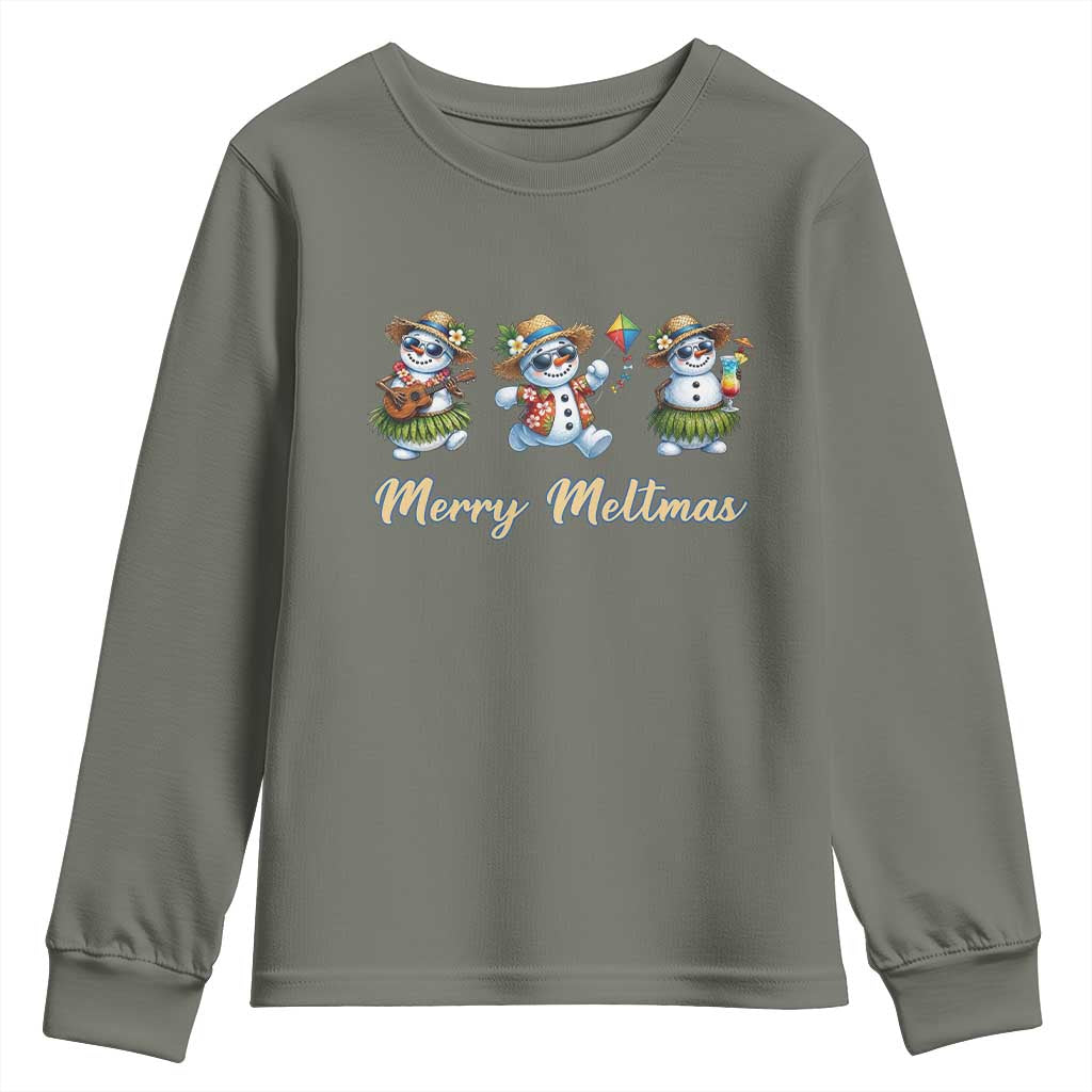 Funny Hawaiian Snowman Summer Graphic Youth Sweatshirt Merry Meltmas TS12 Military Green Print Your Wear