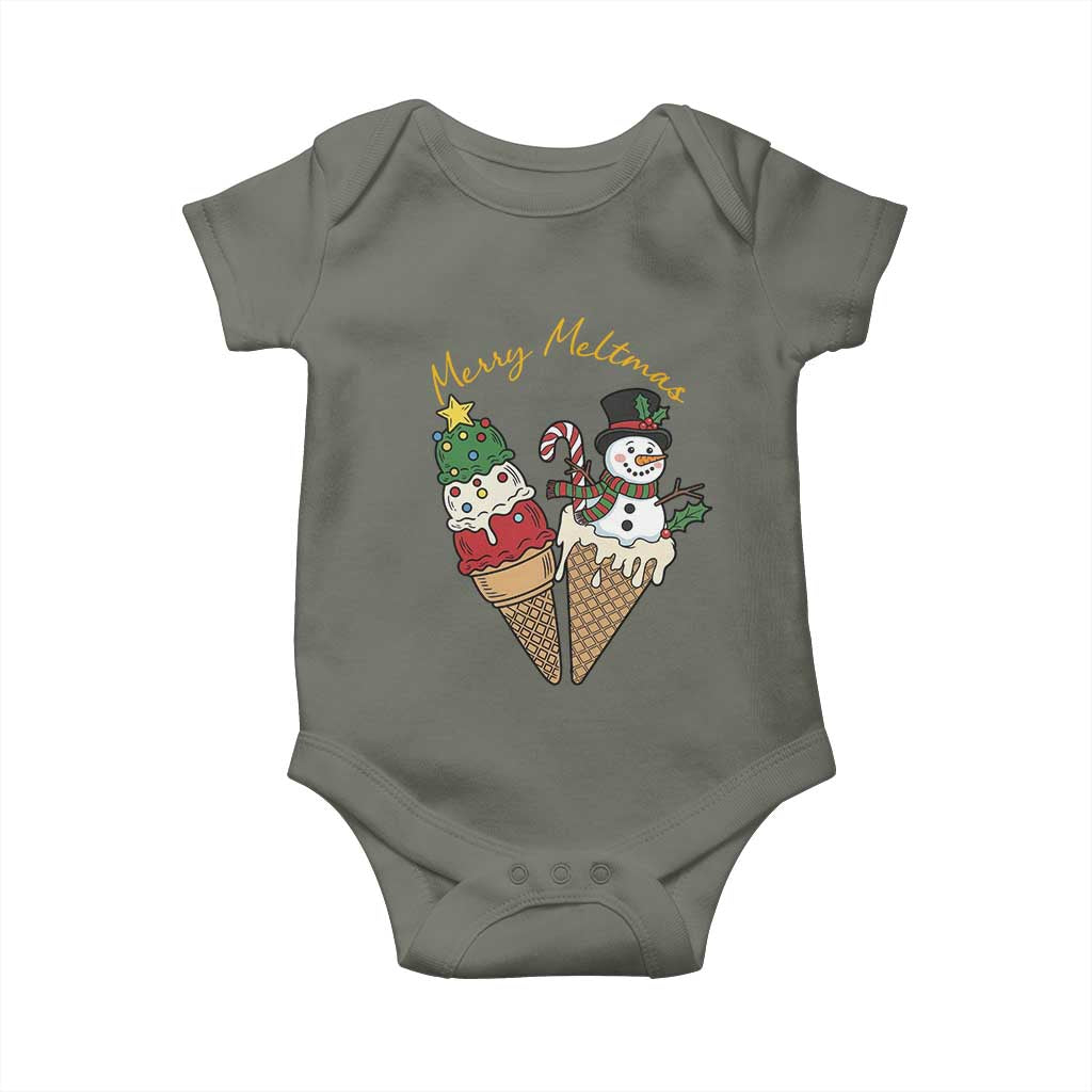 Christmas In July Ice Cream Snowman Graphic Baby Onesie Merry Meltmas TS12 Military Green Print Your Wear