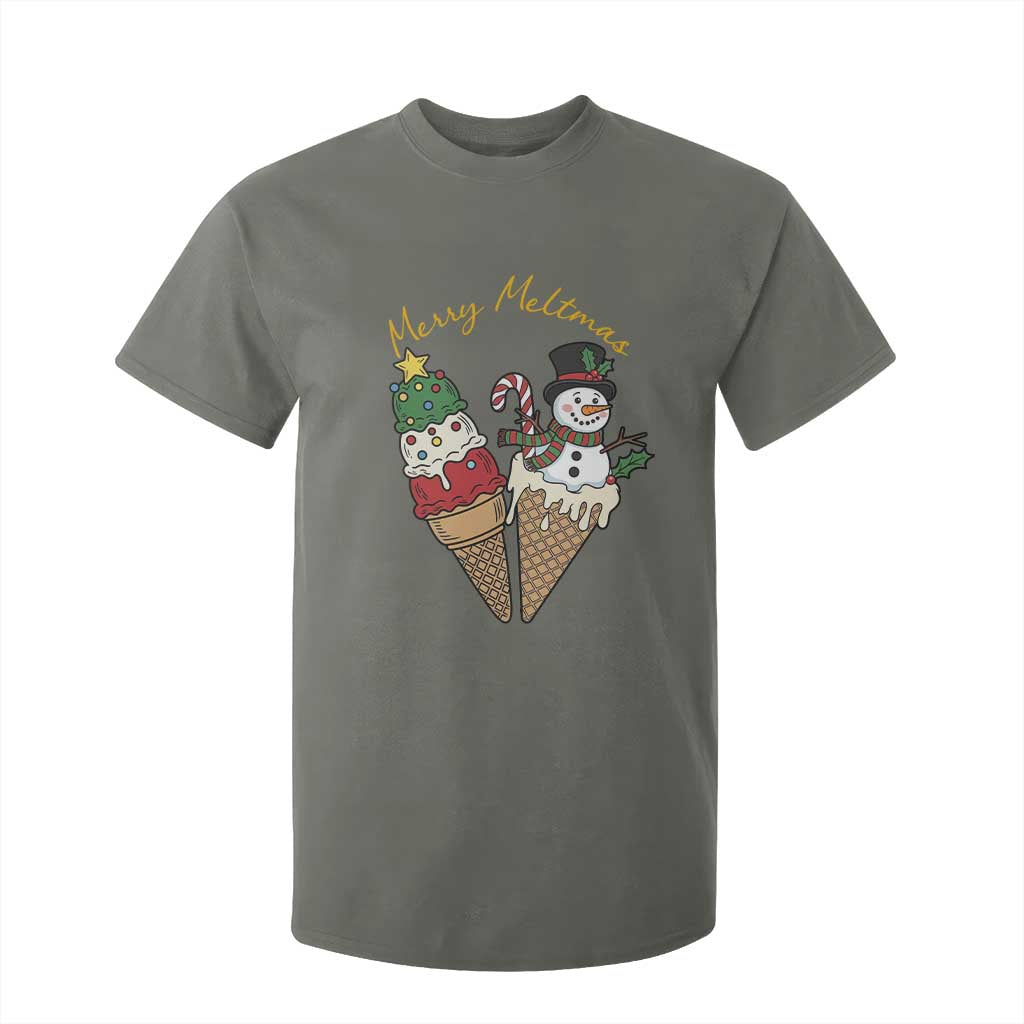 Christmas In July Ice Cream Snowman Graphic T Shirt For Kid Merry Meltmas TS12 Military Green Print Your Wear