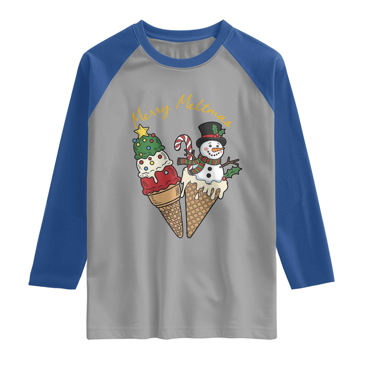 Christmas In July Ice Cream Snowman Graphic Raglan Shirt Merry Meltmas TS12 Sport Gray Royal Print Your Wear