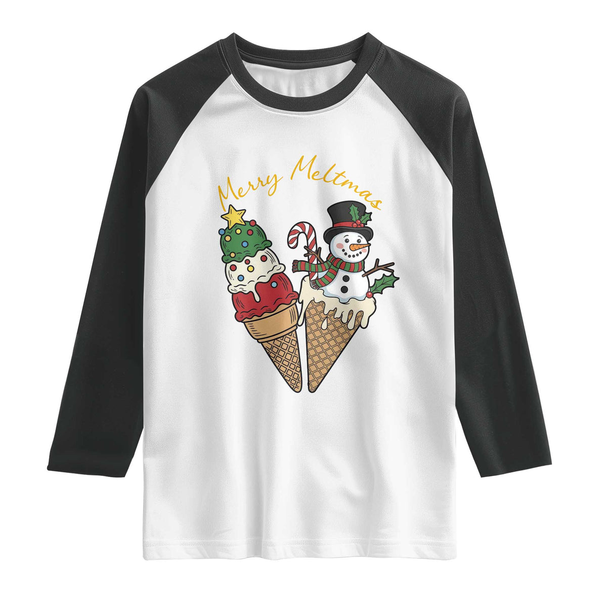 Christmas In July Ice Cream Snowman Graphic Raglan Shirt Merry Meltmas TS12 White Black Print Your Wear