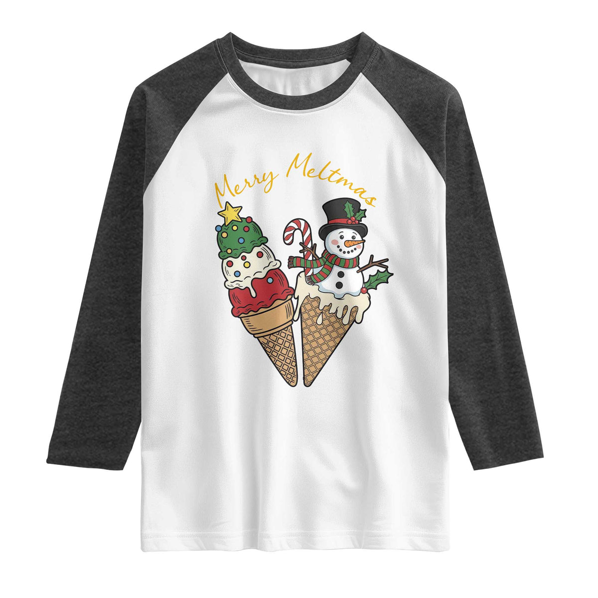 Christmas In July Ice Cream Snowman Graphic Raglan Shirt Merry Meltmas TS12 White Heather Charcoal Print Your Wear