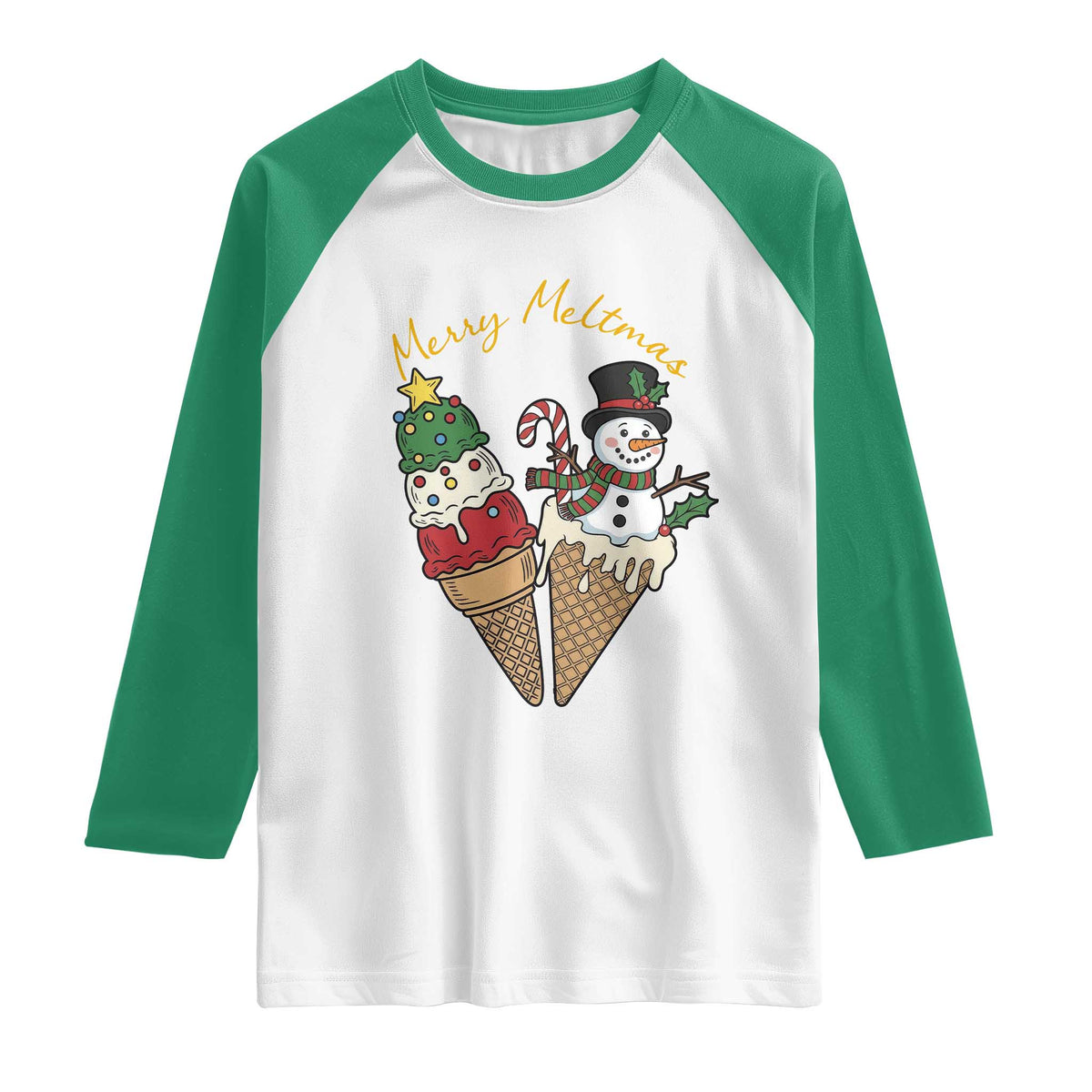 Christmas In July Ice Cream Snowman Graphic Raglan Shirt Merry Meltmas TS12 White Kelly Green Print Your Wear
