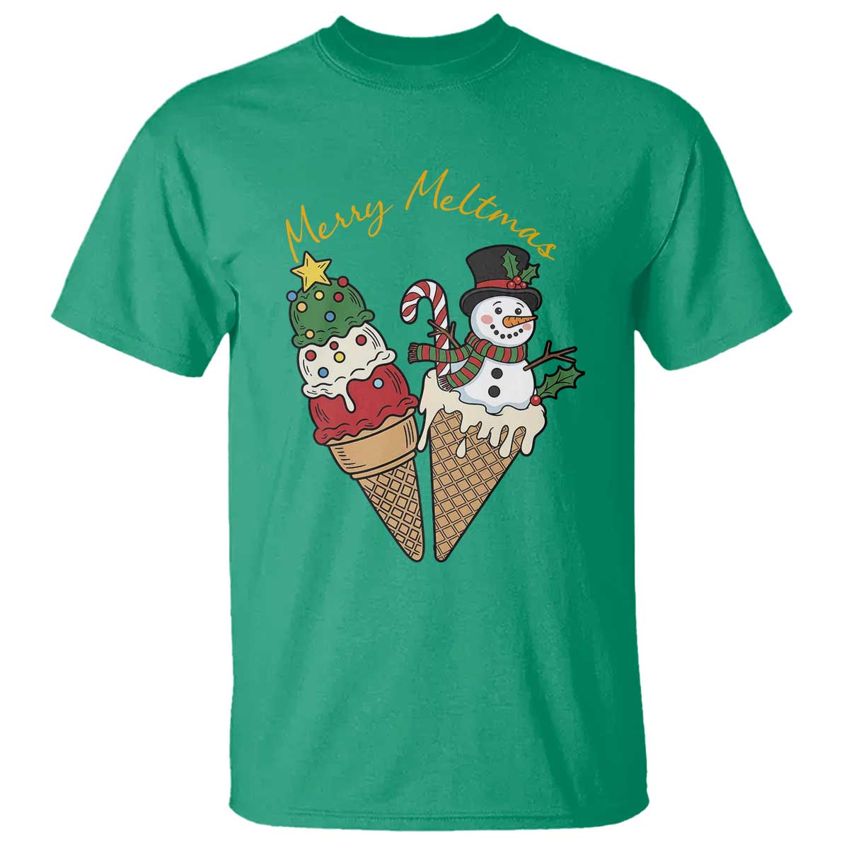 Christmas In July Ice Cream Snowman Graphic T Shirt Merry Meltmas TS12 Irish Green Print Your Wear