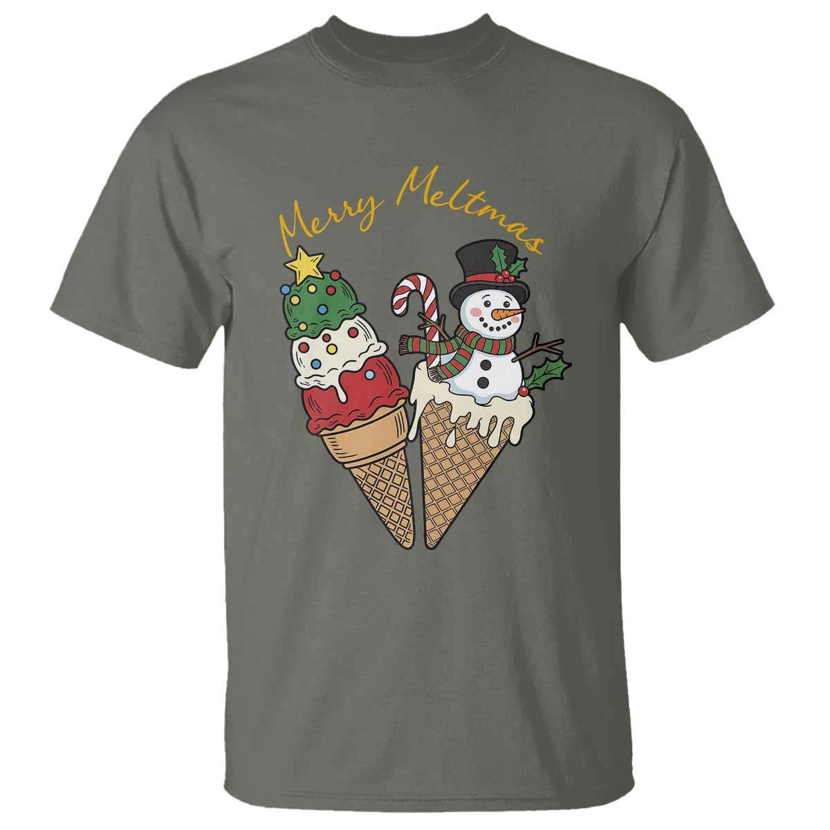 Christmas In July Ice Cream Snowman Graphic T Shirt Merry Meltmas TS12 Military Green Print Your Wear