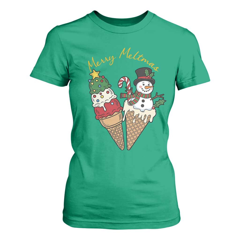 Christmas In July Ice Cream Snowman Graphic T Shirt For Women Merry Meltmas TS12 Irish Green Print Your Wear