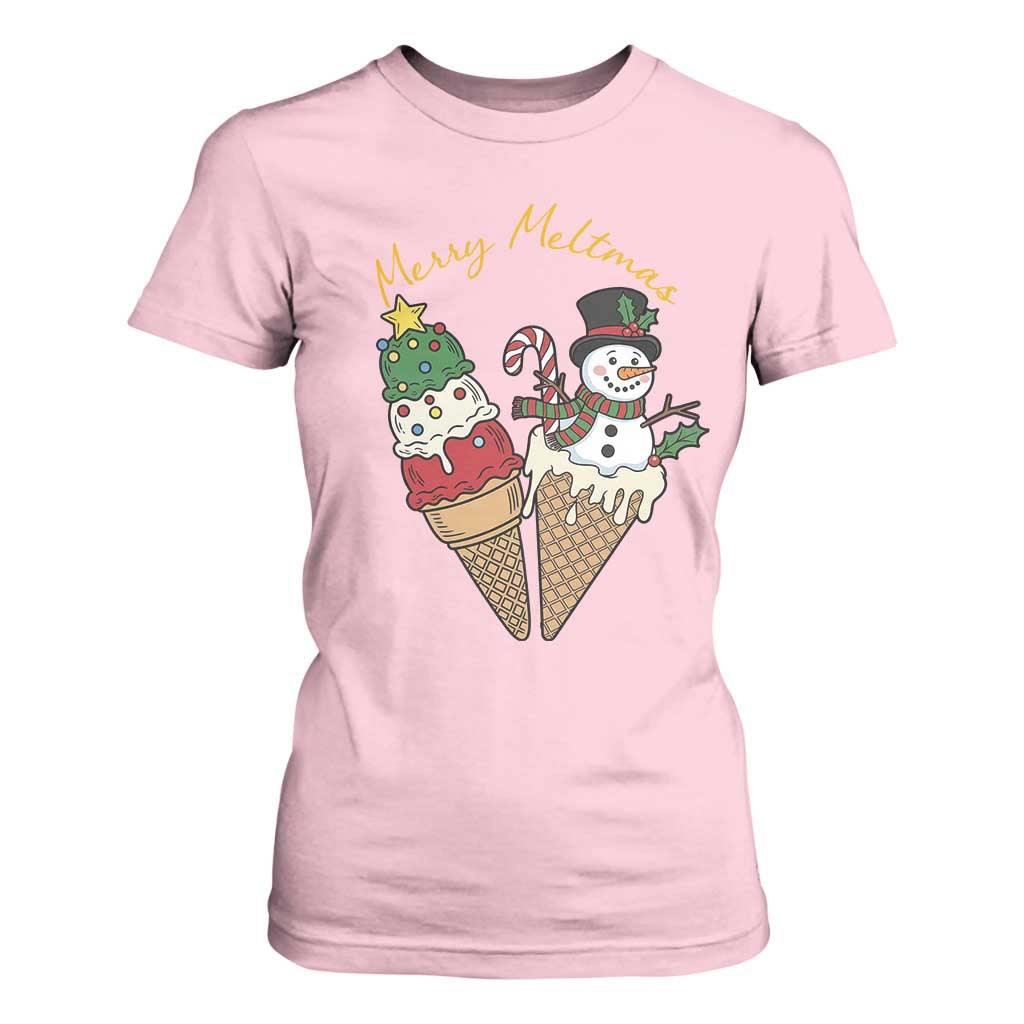 Christmas In July Ice Cream Snowman Graphic T Shirt For Women Merry Meltmas TS12 Light Pink Print Your Wear