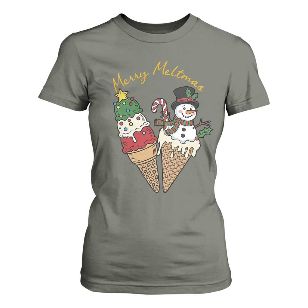 Christmas In July Ice Cream Snowman Graphic T Shirt For Women Merry Meltmas TS12 Military Green Print Your Wear