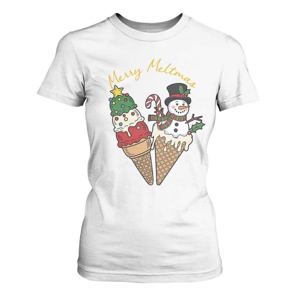 Christmas In July Ice Cream Snowman Graphic T Shirt For Women Merry Meltmas TS12 White Print Your Wear