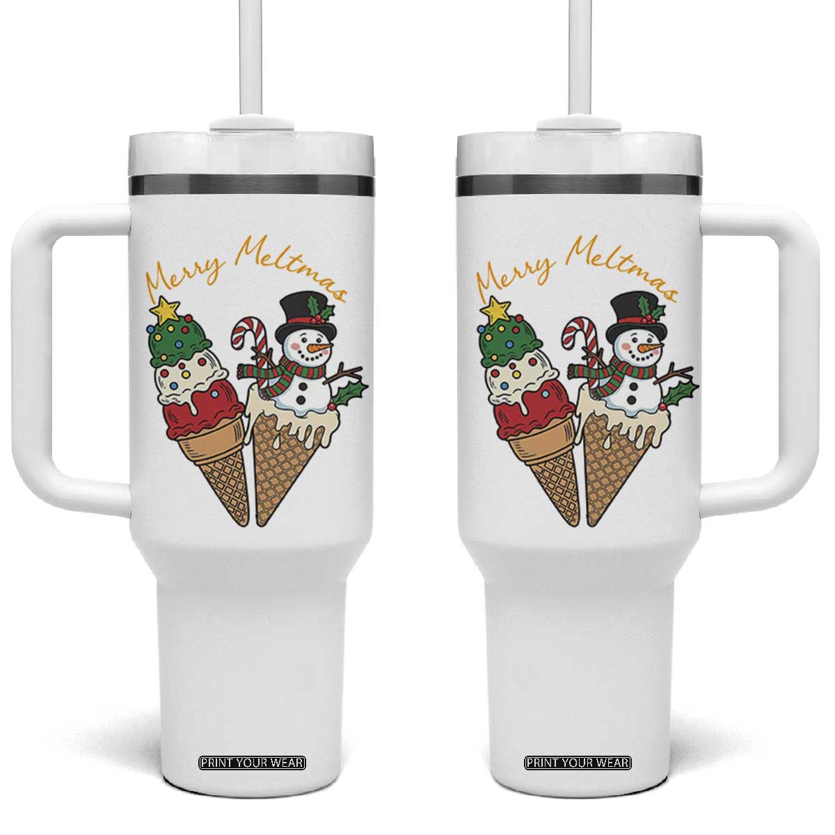 Christmas In July Ice Cream Snowman Graphic Tumbler With Handle Merry Meltmas TS12 One Size: 40 oz White Print Your Wear