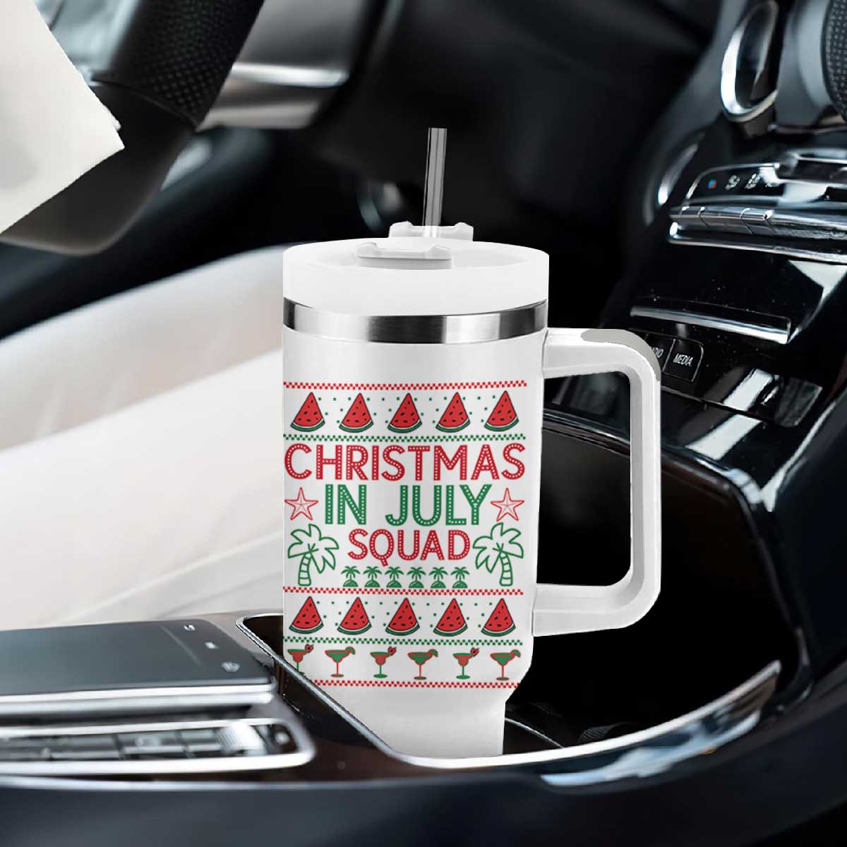 Christmas In July Squad Tumbler With Handle Tropical Beach Party Graphic