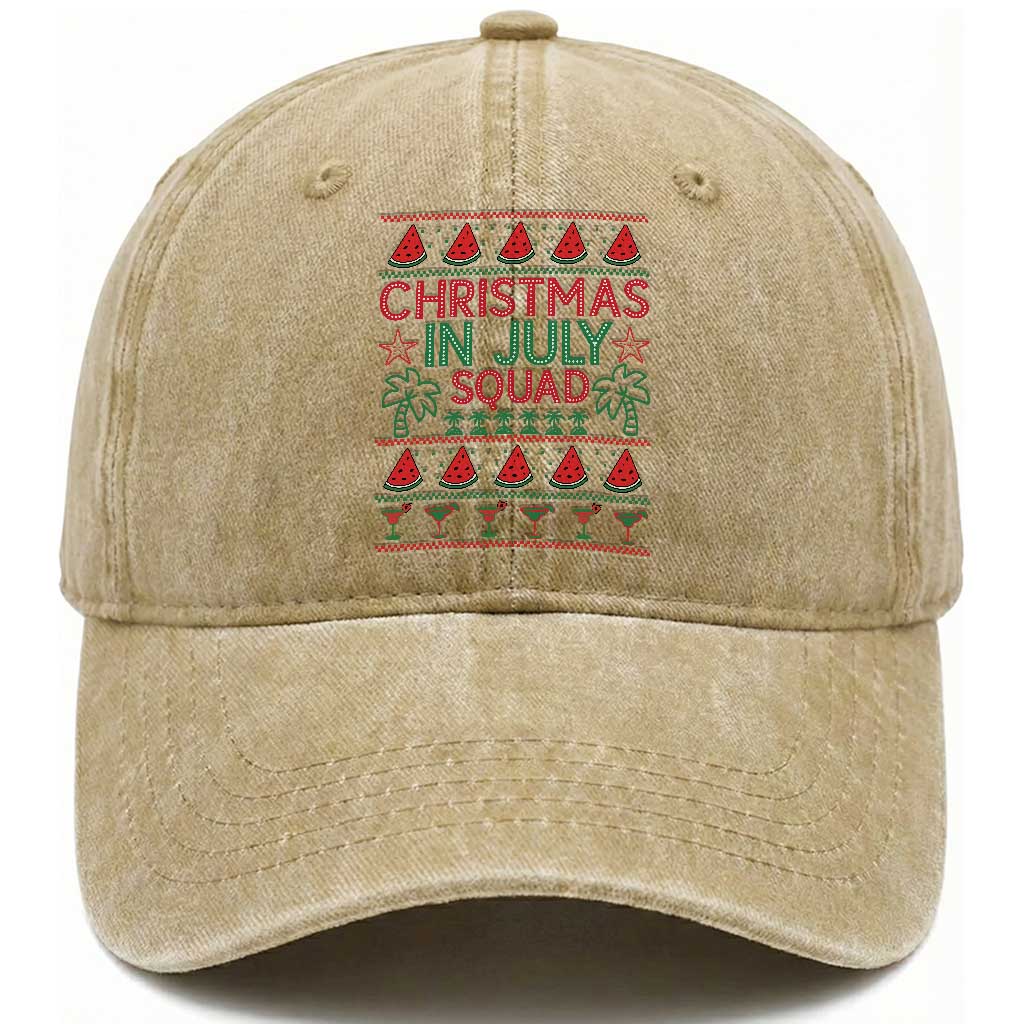 Christmas In July Squad Washed Cotton Baseball Cap Tropical Beach Party Graphic