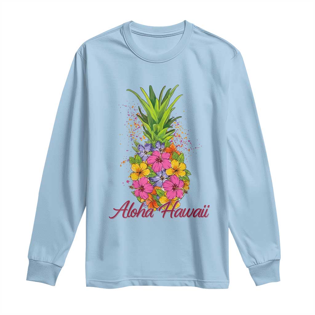 Tropical Floral Pineapple Aloha Hawaii Long Sleeve Shirt Hawaiian Island Vacation Graphic TS12 Light Blue Print Your Wear