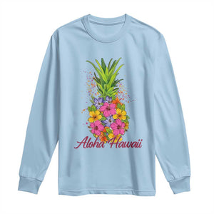 Tropical Floral Pineapple Aloha Hawaii Long Sleeve Shirt Hawaiian Island Vacation Graphic TS12 Light Blue Print Your Wear
