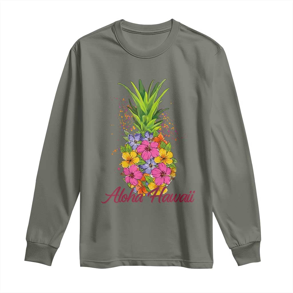Tropical Floral Pineapple Aloha Hawaii Long Sleeve Shirt Hawaiian Island Vacation Graphic TS12 Military Green Print Your Wear