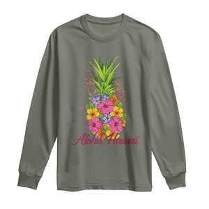 Tropical Floral Pineapple Aloha Hawaii Long Sleeve Shirt Hawaiian Island Vacation Graphic TS12 Military Green Print Your Wear