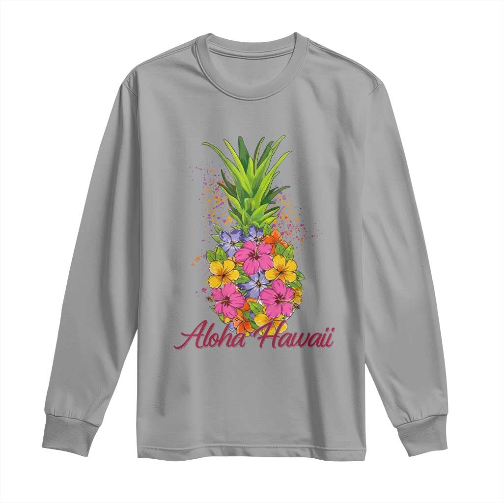 Tropical Floral Pineapple Aloha Hawaii Long Sleeve Shirt Hawaiian Island Vacation Graphic TS12 Sport Gray Print Your Wear