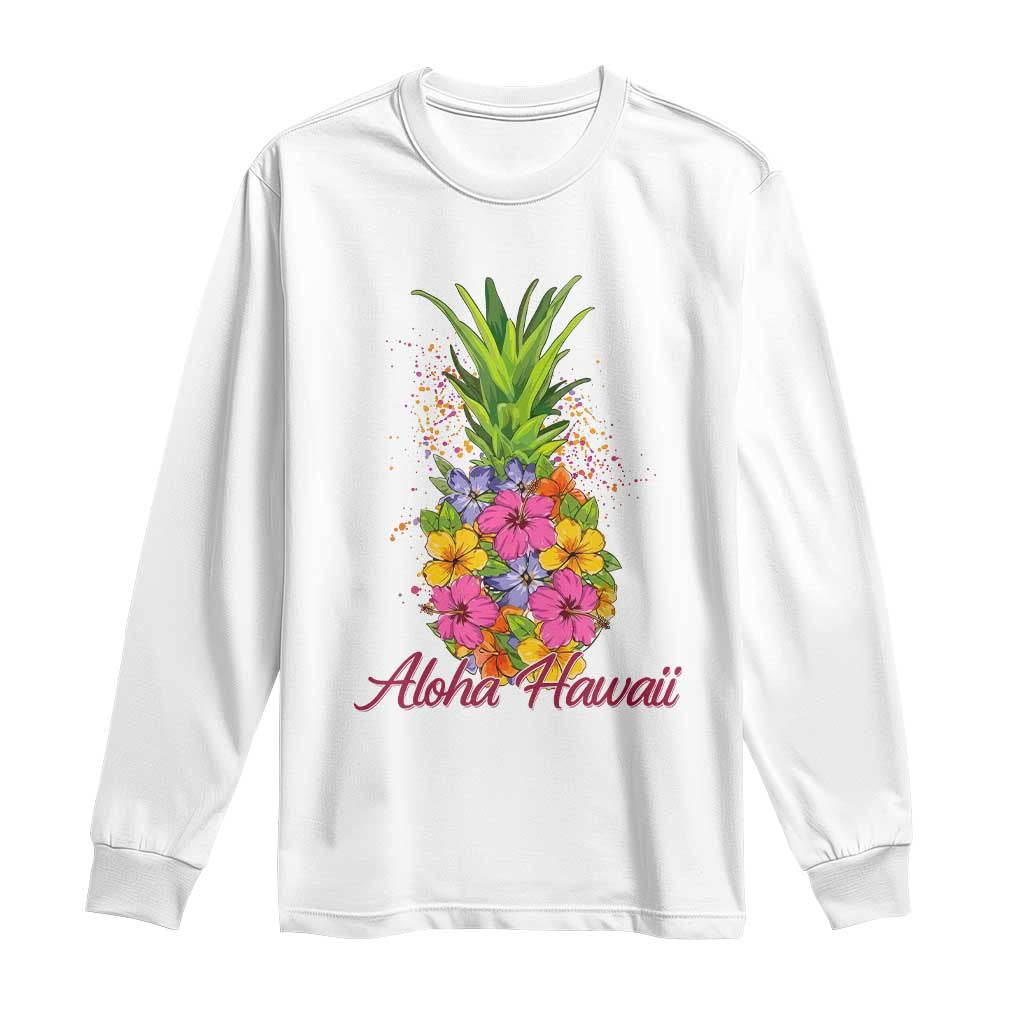 Tropical Floral Pineapple Aloha Hawaii Long Sleeve Shirt Hawaiian Island Vacation Graphic TS12 White Print Your Wear