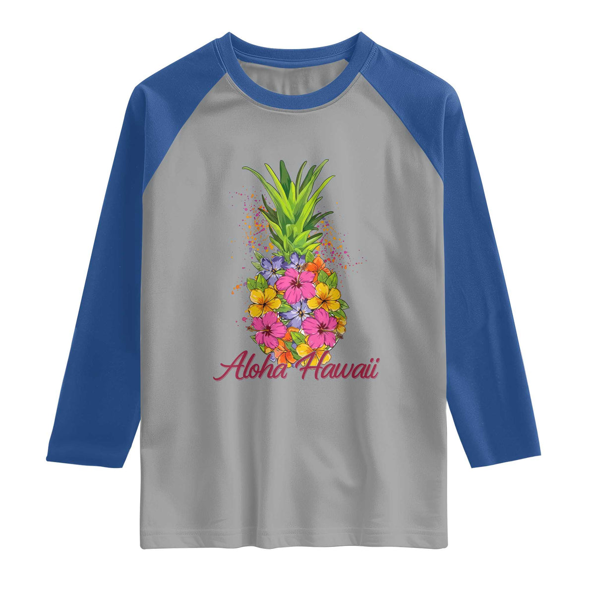 Tropical Floral Pineapple Aloha Hawaii Raglan Shirt Hawaiian Island Vacation Graphic TS12 Sport Gray Royal Print Your Wear