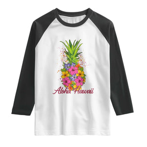 Tropical Floral Pineapple Aloha Hawaii Raglan Shirt Hawaiian Island Vacation Graphic TS12 White Black Print Your Wear