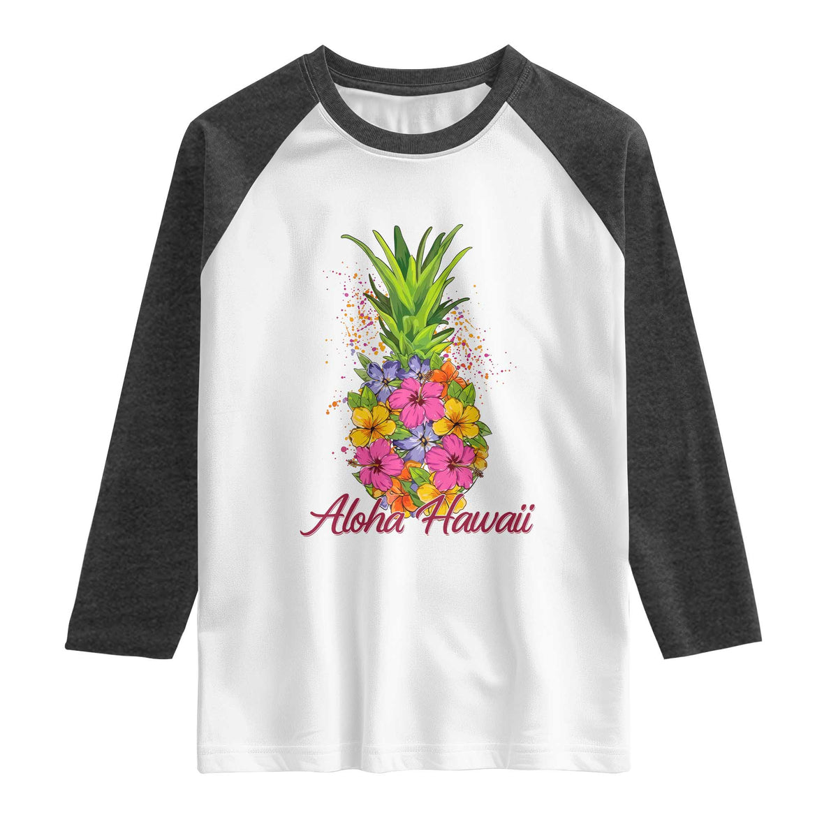 Tropical Floral Pineapple Aloha Hawaii Raglan Shirt Hawaiian Island Vacation Graphic TS12 White Heather Charcoal Print Your Wear