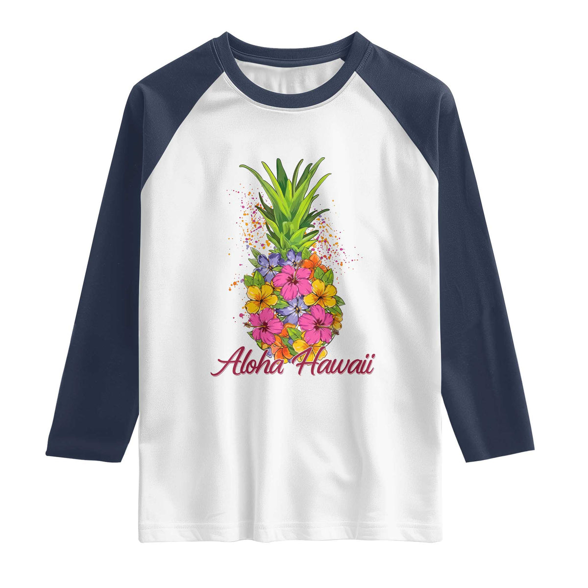 Tropical Floral Pineapple Aloha Hawaii Raglan Shirt Hawaiian Island Vacation Graphic TS12 White Navy Print Your Wear