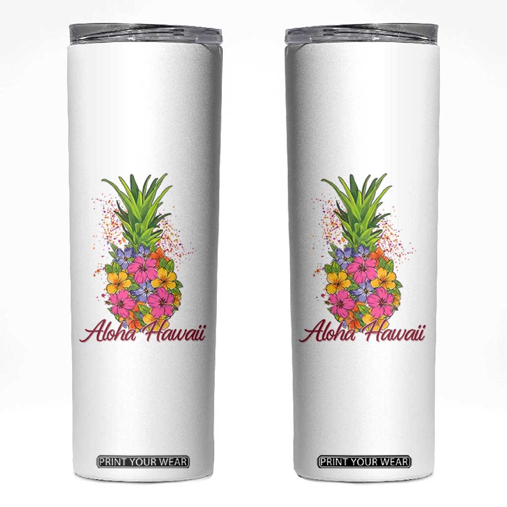 Tropical Floral Pineapple Aloha Hawaii Skinny Tumbler Hawaiian Island Vacation Graphic