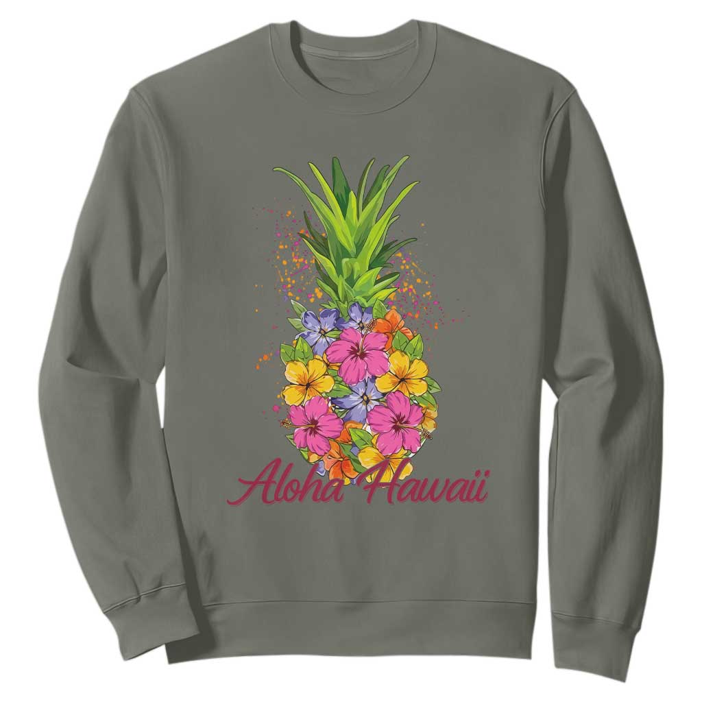 Tropical Floral Pineapple Aloha Hawaii Sweatshirt Hawaiian Island Vacation Graphic TS12 Military Green Print Your Wear