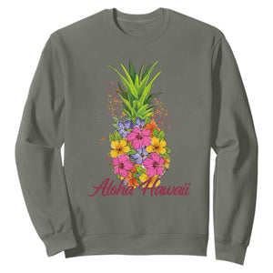 Tropical Floral Pineapple Aloha Hawaii Sweatshirt Hawaiian Island Vacation Graphic TS12 Military Green Print Your Wear