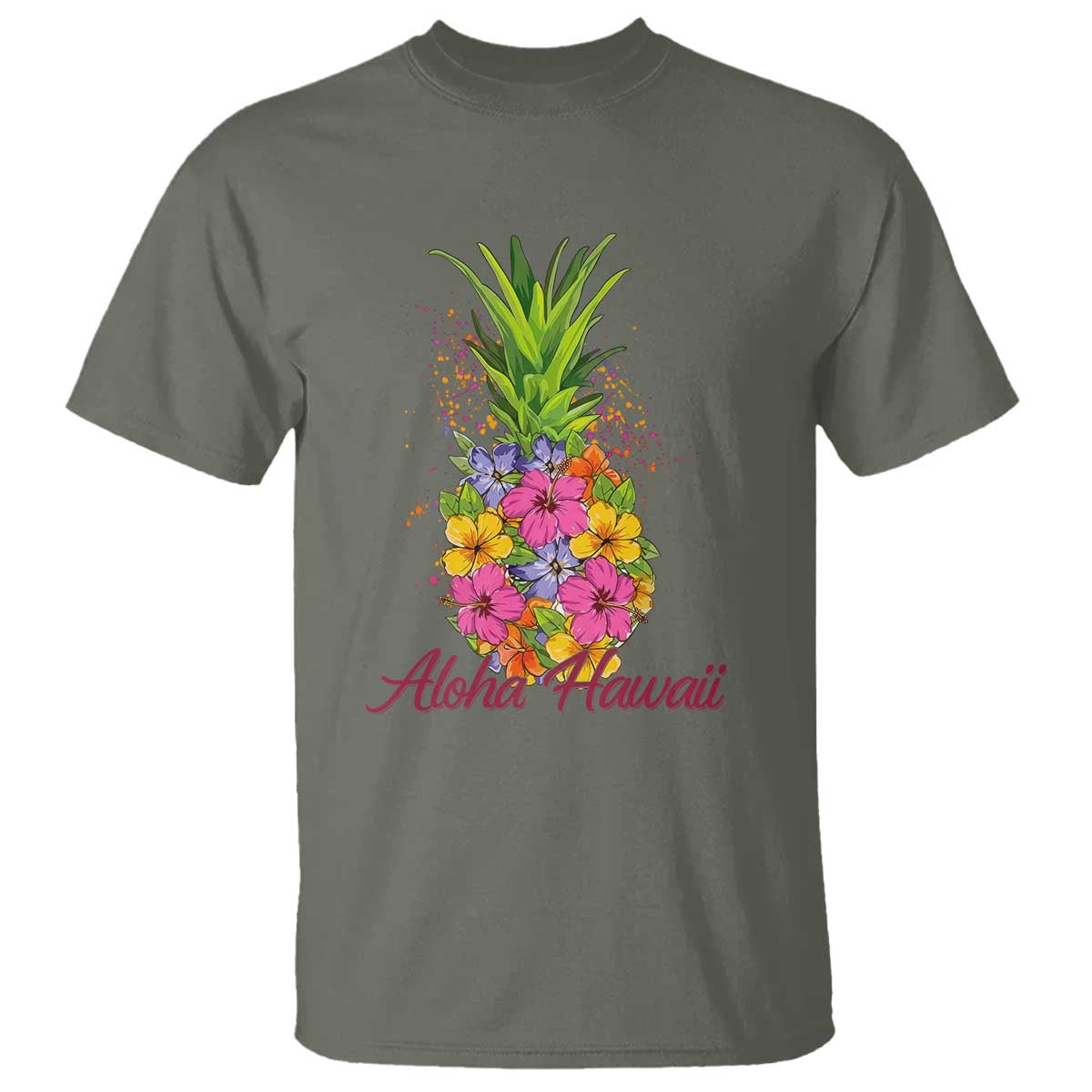 Tropical Floral Pineapple Aloha Hawaii T Shirt Hawaiian Island Vacation Graphic TS12 Military Green Print Your Wear