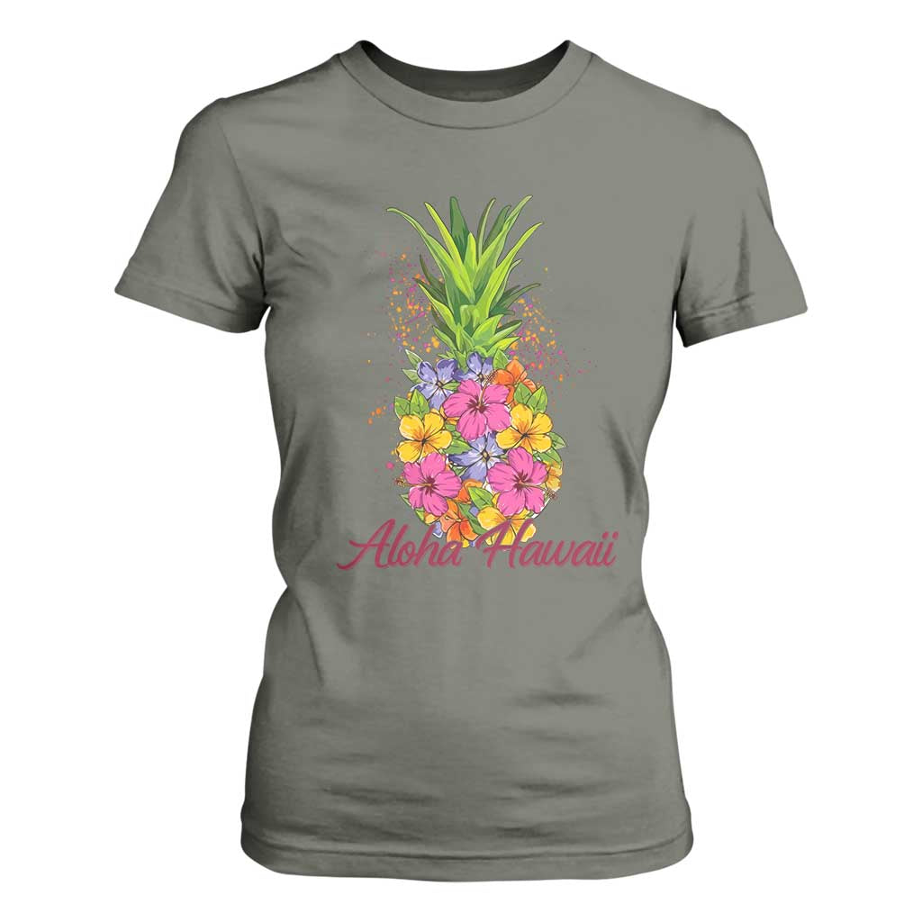 Tropical Floral Pineapple Aloha Hawaii T Shirt For Women Hawaiian Island Vacation Graphic TS12 Military Green Print Your Wear
