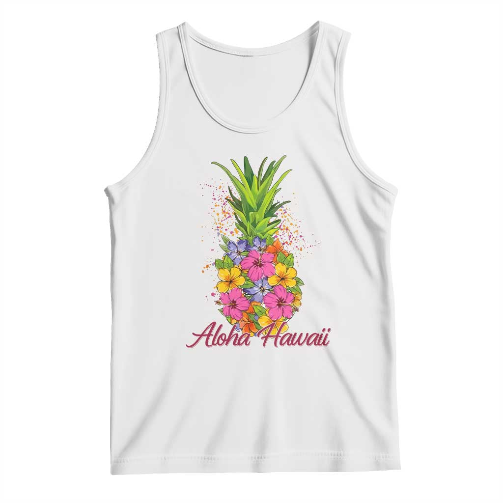 Tropical Floral Pineapple Aloha Hawaii Tank Top Hawaiian Island Vacation Graphic TS12 White Print Your Wear