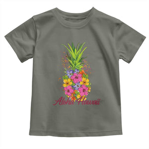 Tropical Floral Pineapple Aloha Hawaii Toddler T Shirt Hawaiian Island Vacation Graphic TS12 Military Green Print Your Wear