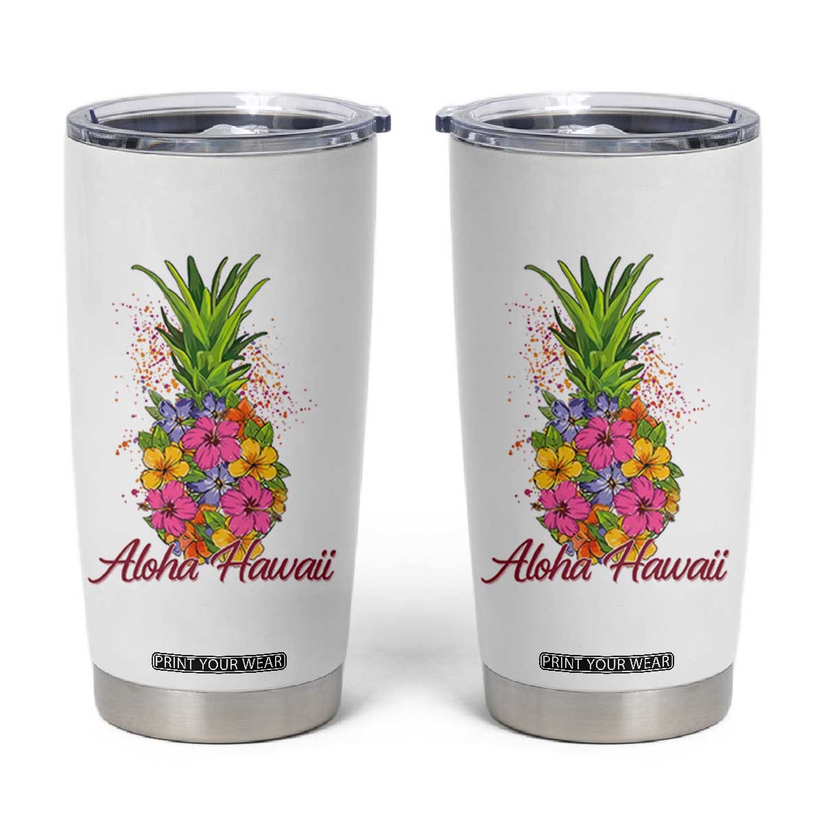 Tropical Floral Pineapple Aloha Hawaii Tumbler Cup Hawaiian Island Vacation Graphic TS12 White Print Your Wear