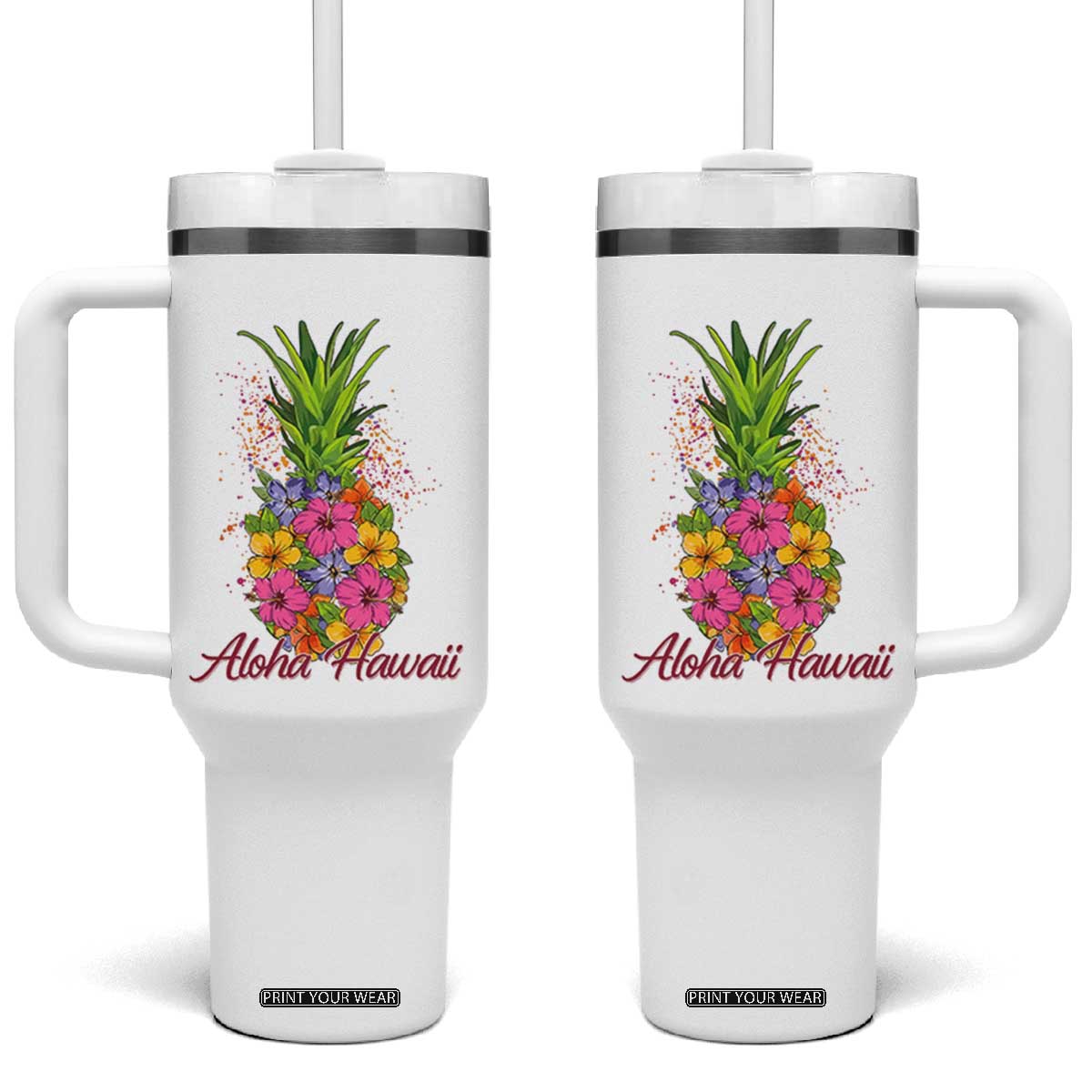 Tropical Floral Pineapple Aloha Hawaii Tumbler With Handle Hawaiian Island Vacation Graphic TS12 One Size: 40 oz White Print Your Wear