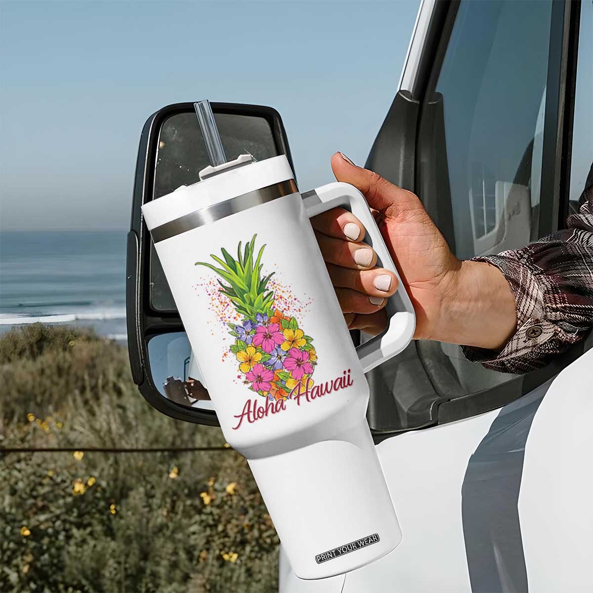 Tropical Floral Pineapple Aloha Hawaii Tumbler With Handle Hawaiian Island Vacation Graphic TS12 Print Your Wear