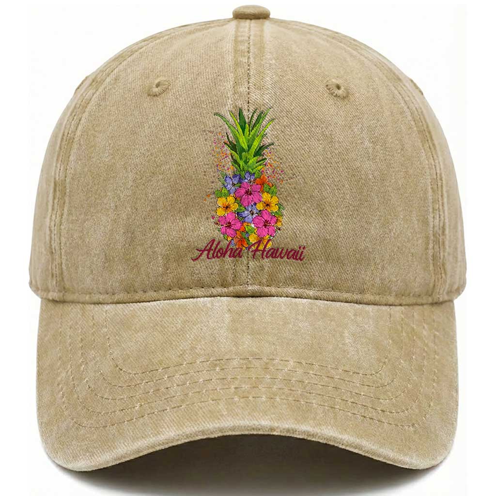 Tropical Floral Pineapple Aloha Hawaii Washed Cotton Baseball Cap Hawaiian Island Vacation Graphic TS12 Print Your Wear