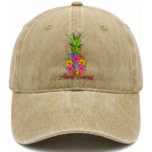 Tropical Floral Pineapple Aloha Hawaii Washed Cotton Baseball Cap Hawaiian Island Vacation Graphic TS12 Print Your Wear