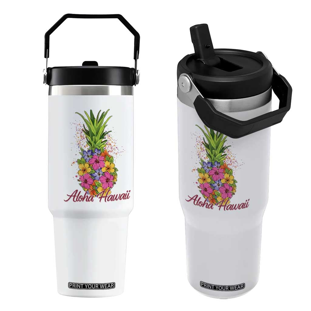Tropical Floral Pineapple Aloha Hawaii Flip Straw Tumbler Hawaiian Island Vacation Graphic TS12 One Size: 30 oz White Print Your Wear