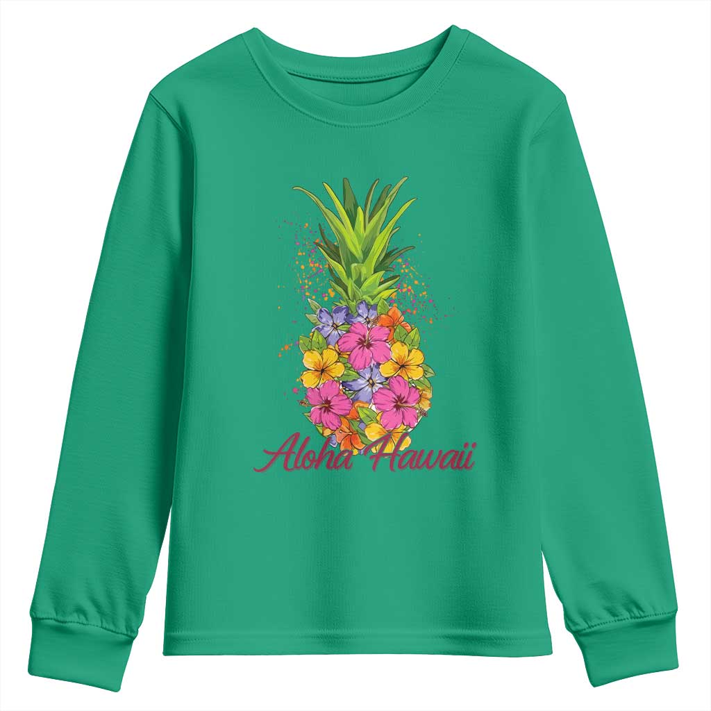 Tropical Floral Pineapple Aloha Hawaii Youth Sweatshirt Hawaiian Island Vacation Graphic TS12 Irish Green Print Your Wear