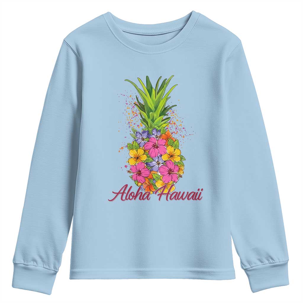 Tropical Floral Pineapple Aloha Hawaii Youth Sweatshirt Hawaiian Island Vacation Graphic TS12 Light Blue Print Your Wear