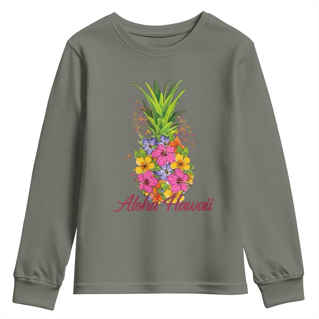 Tropical Floral Pineapple Aloha Hawaii Youth Sweatshirt Hawaiian Island Vacation Graphic TS12 Military Green Print Your Wear