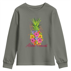 Tropical Floral Pineapple Aloha Hawaii Youth Sweatshirt Hawaiian Island Vacation Graphic TS12 Military Green Print Your Wear