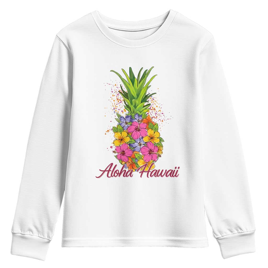 Tropical Floral Pineapple Aloha Hawaii Youth Sweatshirt Hawaiian Island Vacation Graphic TS12 White Print Your Wear