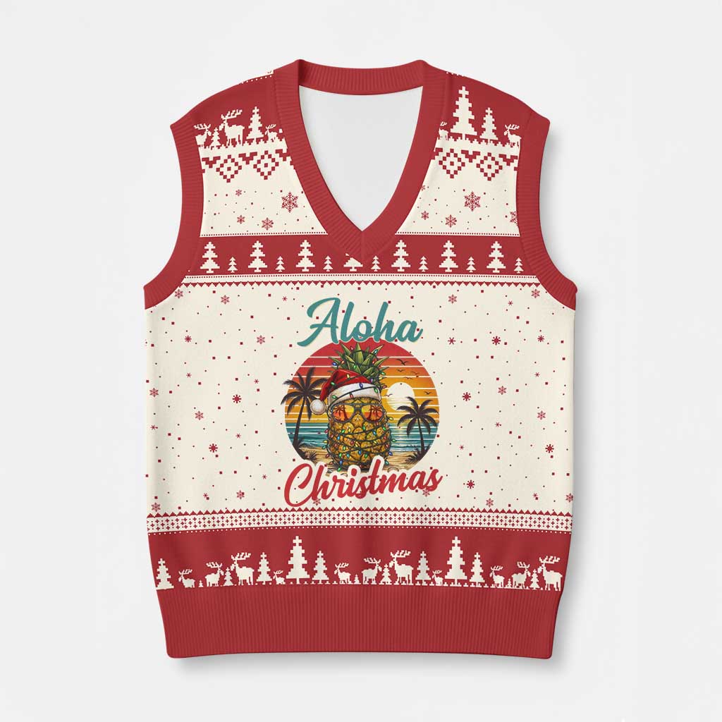 Aloha Tropical Pineapple Christmas V-Neck Knit Sweater Vest Vintage Beach Xmas Gift TS12 Beige Red Print Your Wear