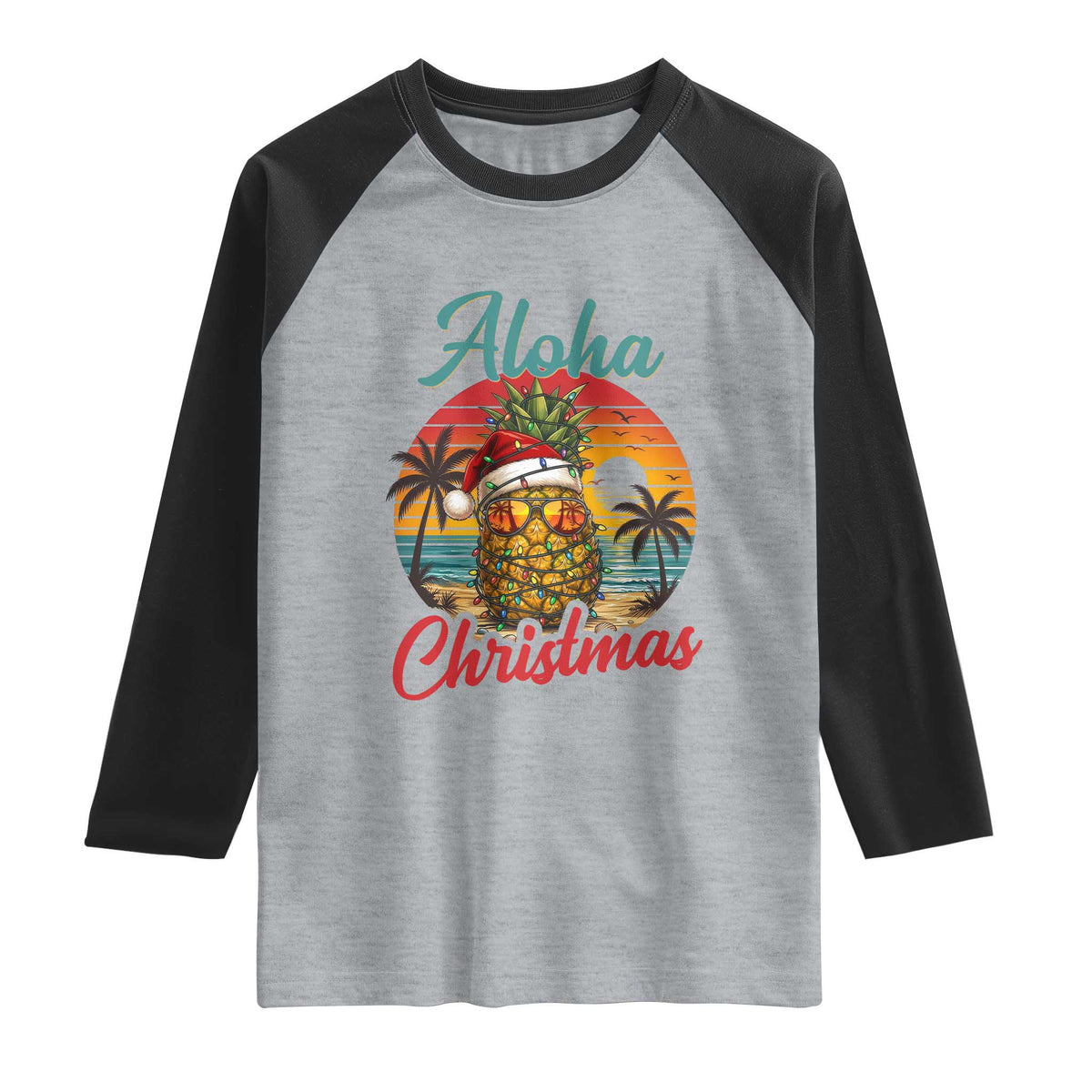 Aloha Tropical Pineapple Christmas Raglan Shirt Vintage Beach Xmas Gift TS12 Heather Gray Black Print Your Wear