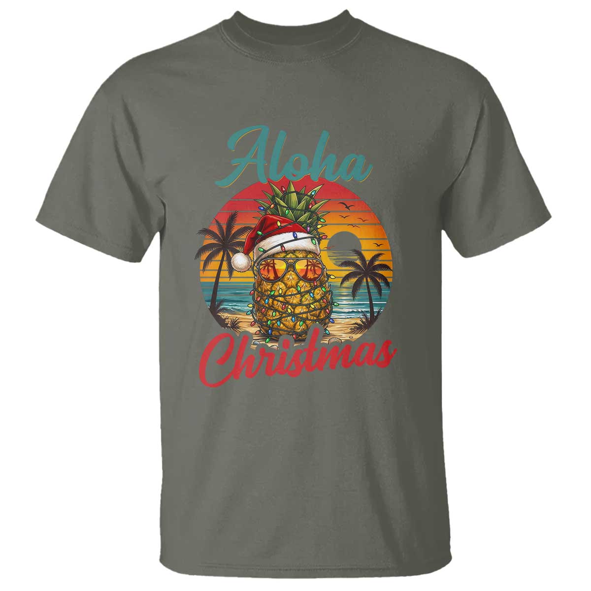 Aloha Tropical Pineapple Christmas T Shirt Vintage Beach Xmas Gift TS12 Military Green Print Your Wear