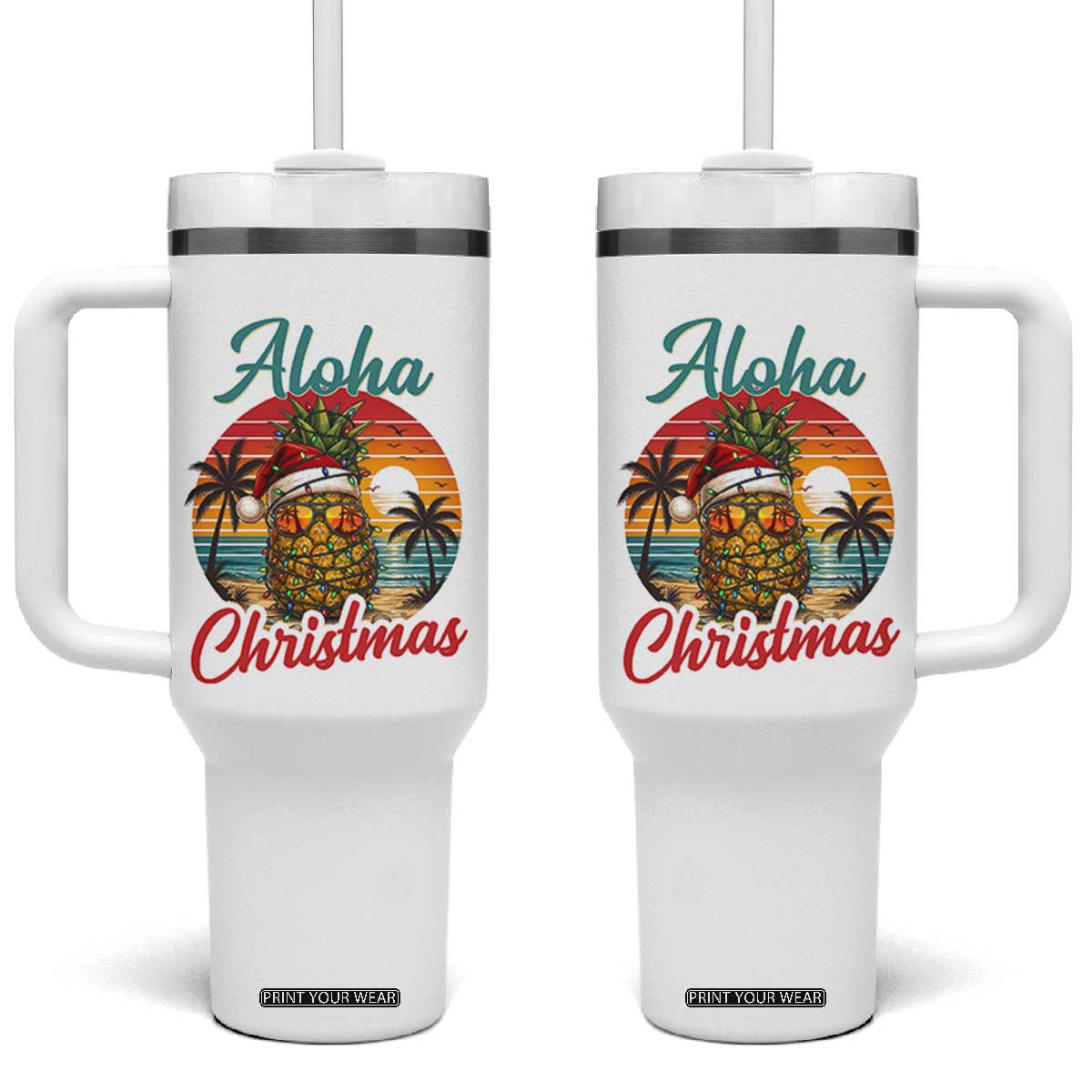 Aloha Tropical Pineapple Christmas Tumbler With Handle Vintage Beach Xmas Gift TS12 One Size: 40 oz White Print Your Wear