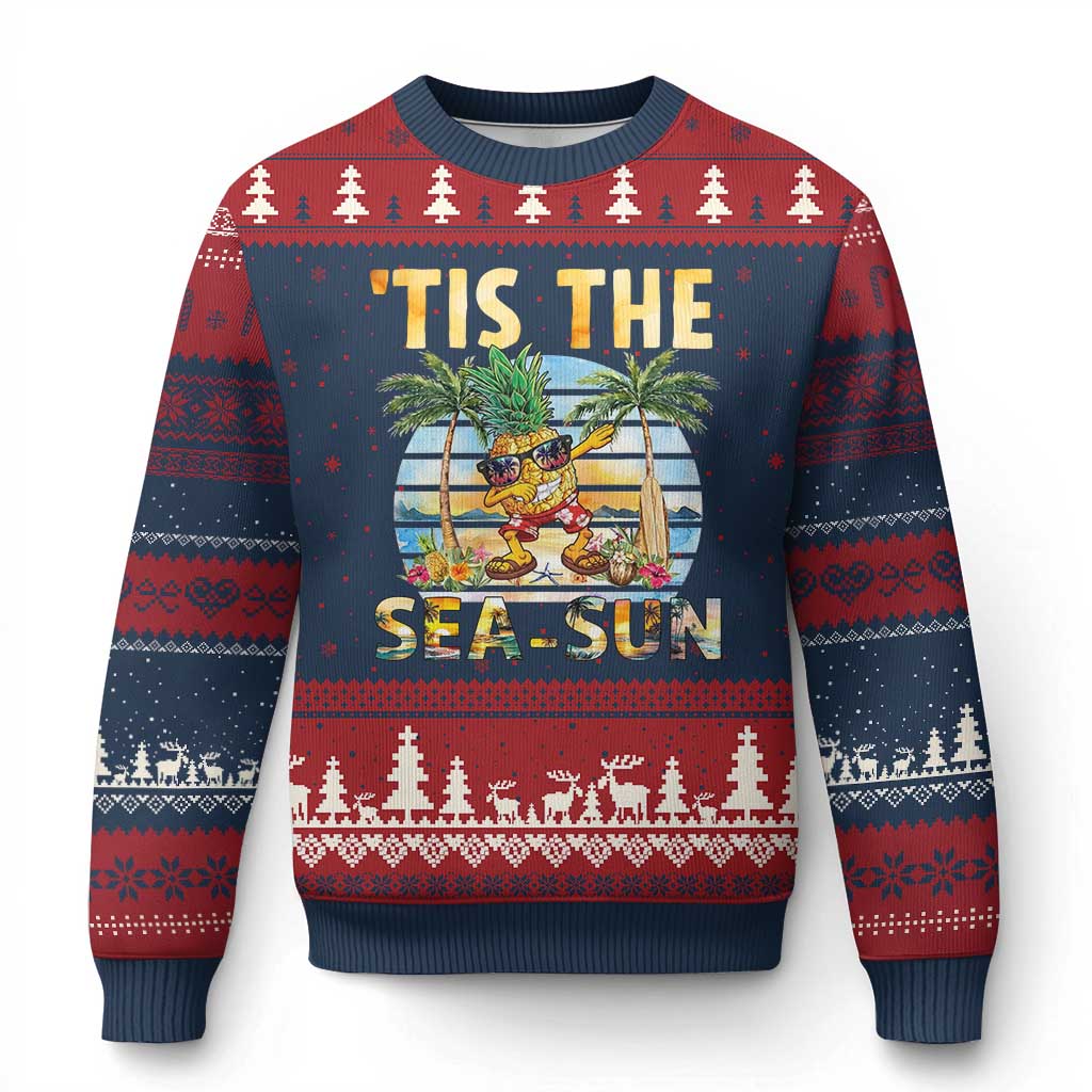 Tis The Sea Sun Ugly Christmas Sweater Dabbing Pineapple Summer Vacation Gift TS12 Navy Red Print Your Wear