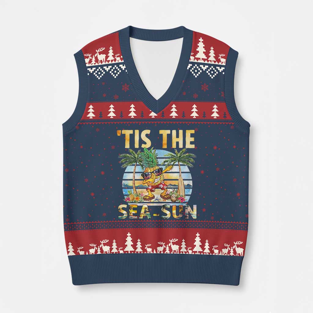 Tis The Sea Sun V-Neck Knit Sweater Vest Dabbing Pineapple Summer Vacation Gift TS12 Navy Red Print Your Wear